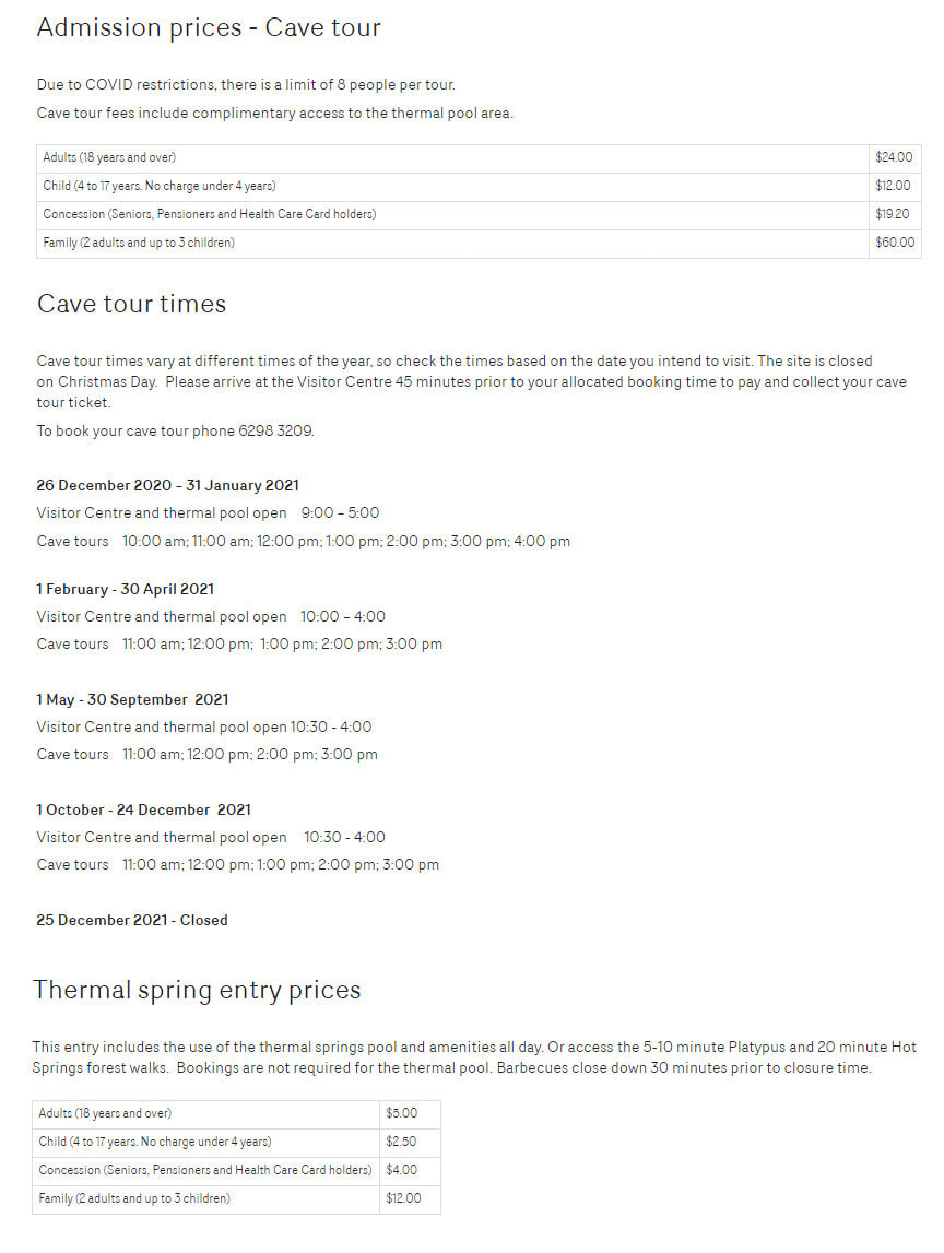 Hastings Caves tour times and prices, correct for January 2020. Click for updated info.